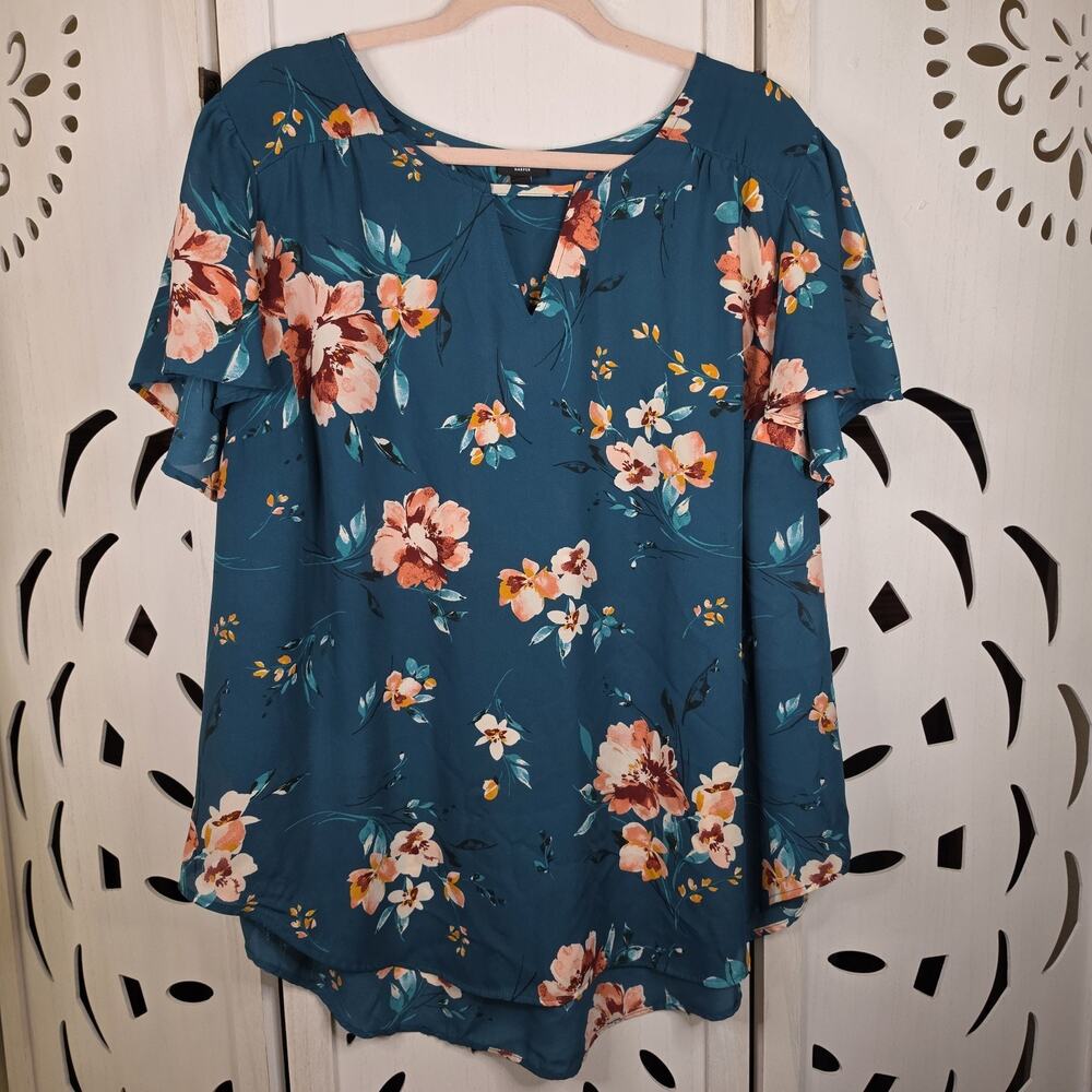 Torrid Harper Boho Short Sleeve Tunic Teal Floral Blouse Size 3